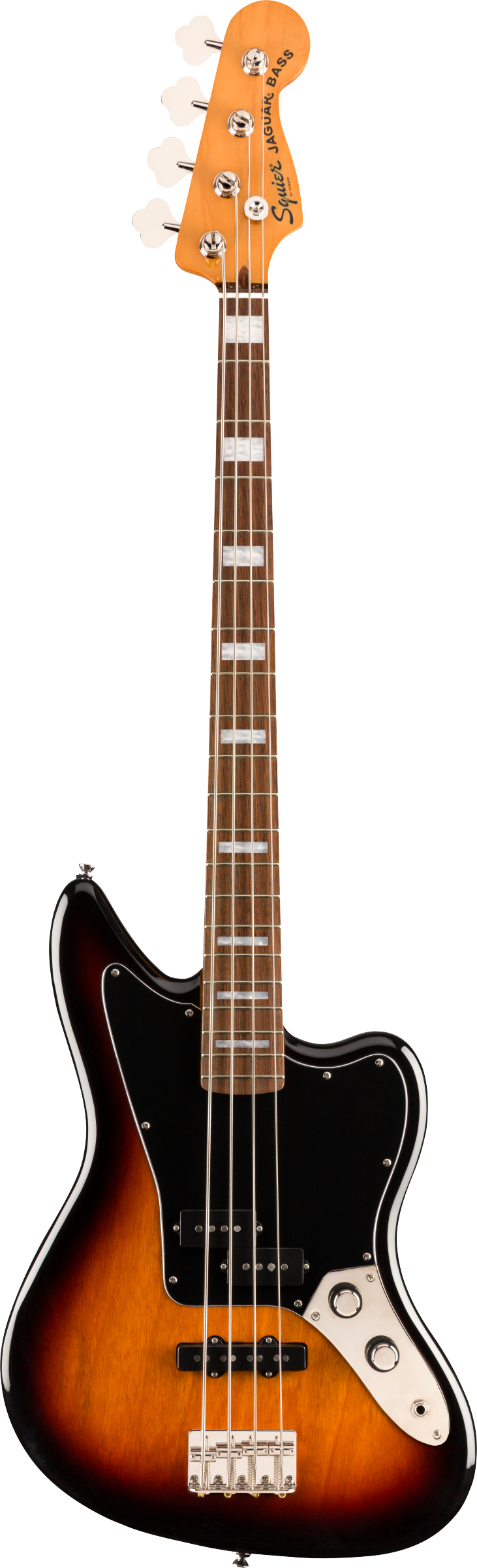 Full frontal of Squier Classic Vibe Jaguar Bass 3-Color Sunburst.