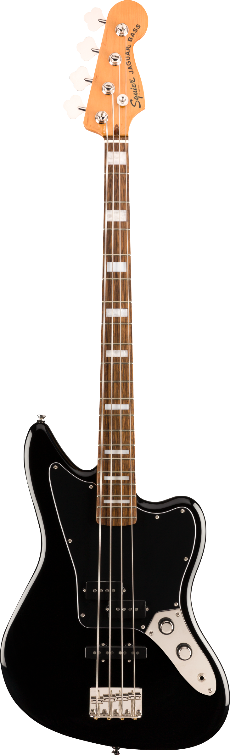 Full frontal of Squier Classic Vibe Jaguar Bass Black.