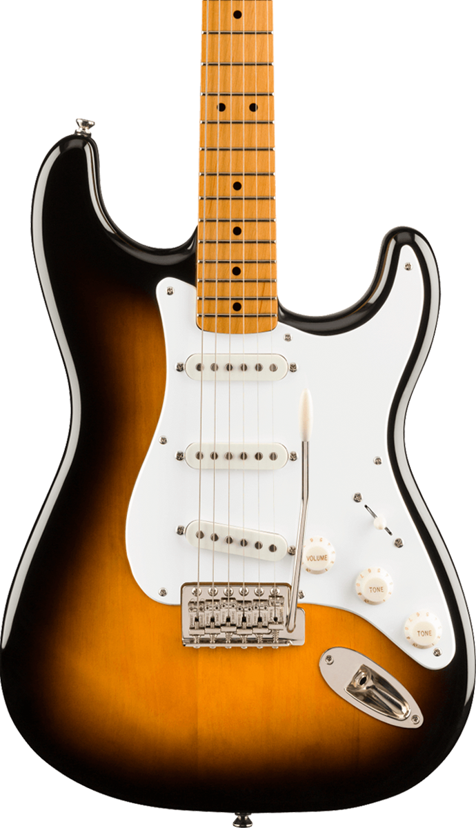 Front of Squier Classic Vibe '50s Stratocaster Maple Fingerboard 2-Color Sunburst.