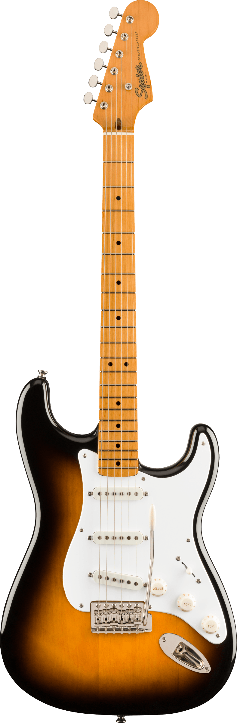 Full frontal of Squier Classic Vibe '50s Stratocaster Maple Fingerboard 2-Color Sunburst.