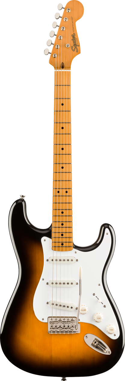 Full frontal of Squier Classic Vibe '50s Stratocaster Maple Fingerboard 2-Color Sunburst.