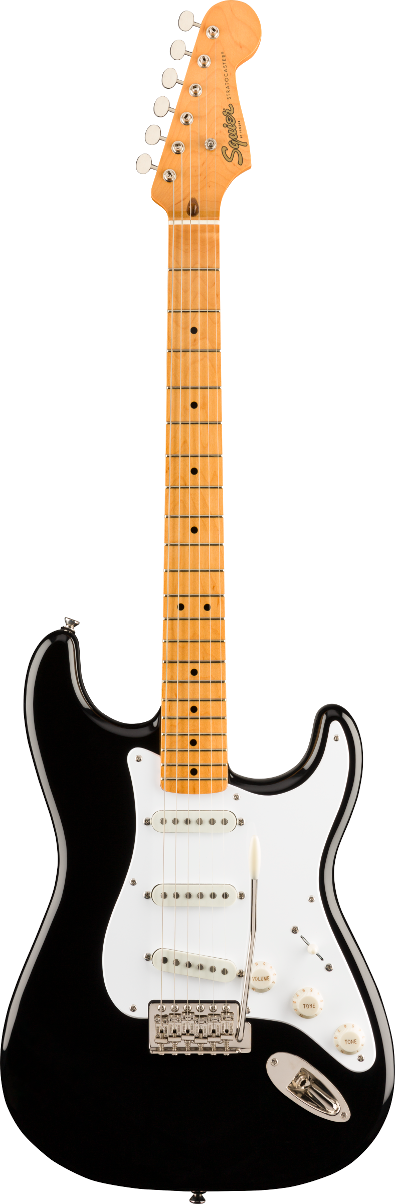Full frontal of Squier Classic Vibe '50s Stratocaster Maple Fingerboard Black.