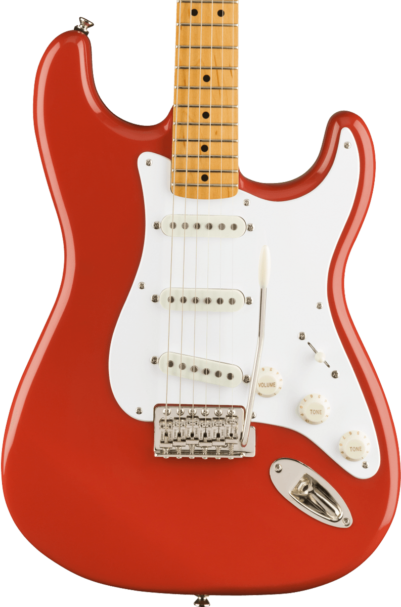 Front of Squier Classic Vibe '50s Stratocaster Maple Fingerboard Fiesta Red.