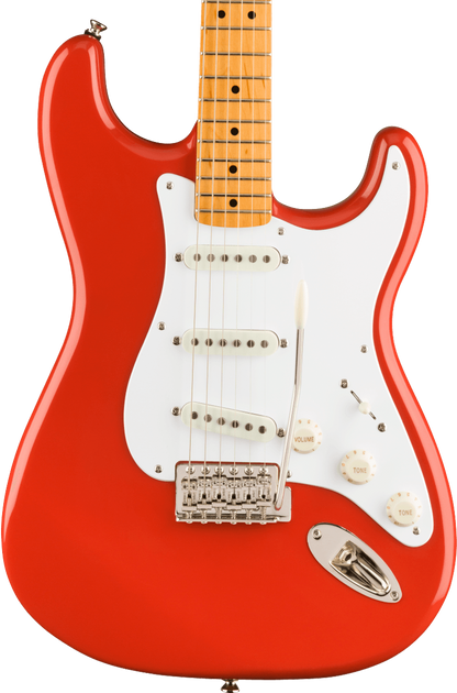 Front of Squier Classic Vibe '50s Stratocaster Maple Fingerboard Fiesta Red.