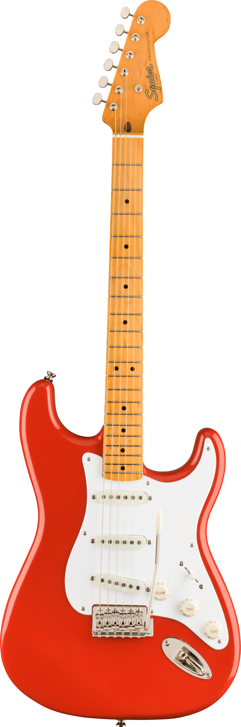 Full frontal of Squier Classic Vibe '50s Stratocaster Maple Fingerboard Fiesta Red.
