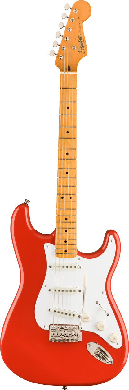 Full frontal of Squier Classic Vibe '50s Stratocaster Maple Fingerboard Fiesta Red.