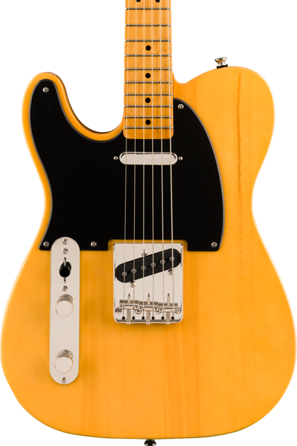 Front of Squier Classic Vibe '50s Telecaster Left Hand MP Butterscotch Blonde.
