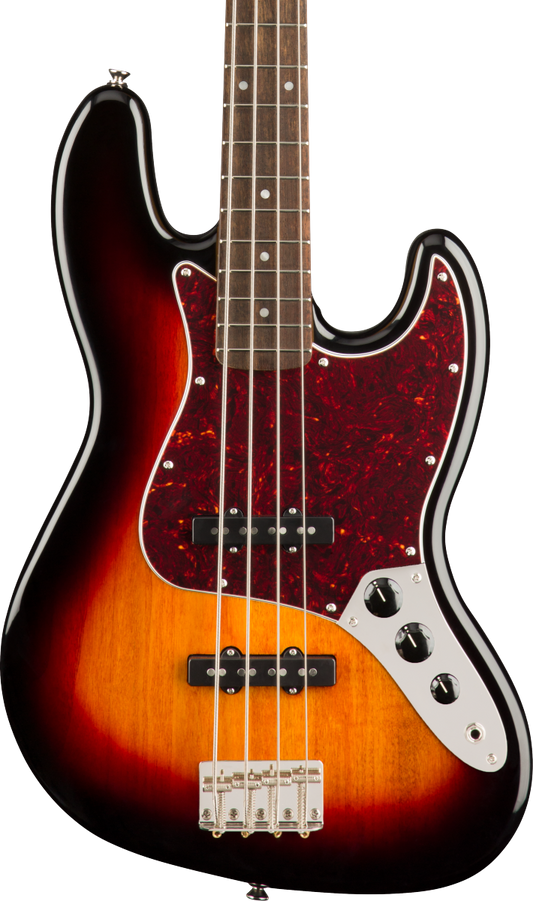 Front of Squier Classic Vibe '60s Jazz Bass Laurel Fingerboard 3-Color Sunburst.