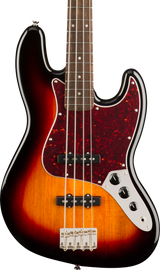 Front of Squier Classic Vibe '60s Jazz Bass Laurel Fingerboard 3-Color Sunburst.
