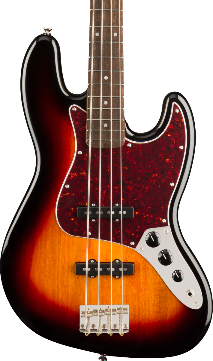 Front of Squier Classic Vibe '60s Jazz Bass Laurel Fingerboard 3-Color Sunburst.