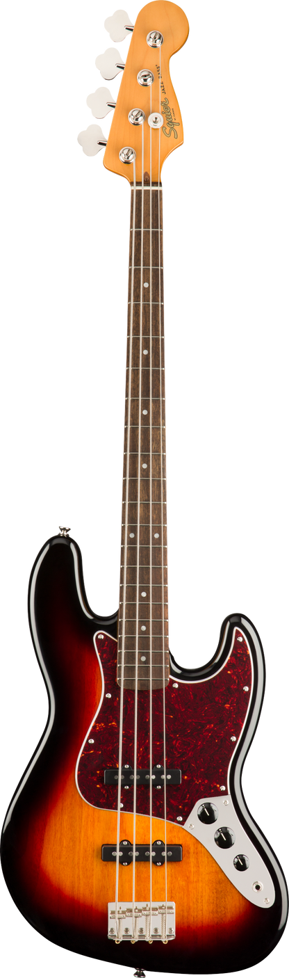 Full frontal of Squier Classic Vibe '60s Jazz Bass Laurel Fingerboard 3-Color Sunburst.