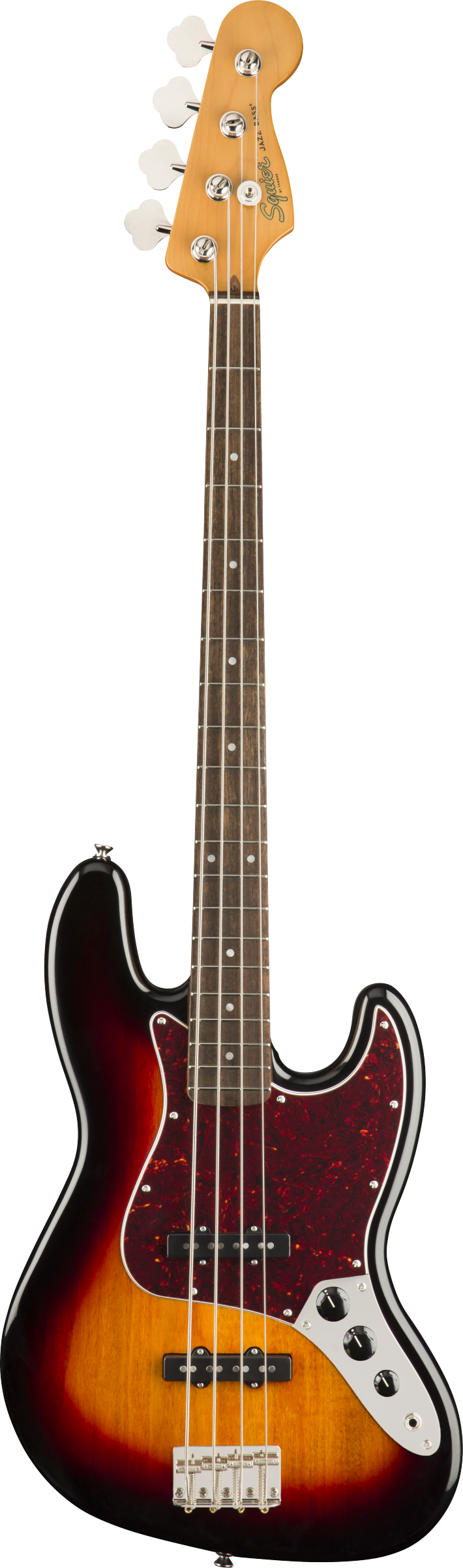 Full frontal of Squier Classic Vibe '60s Jazz Bass Laurel Fingerboard 3-Color Sunburst.