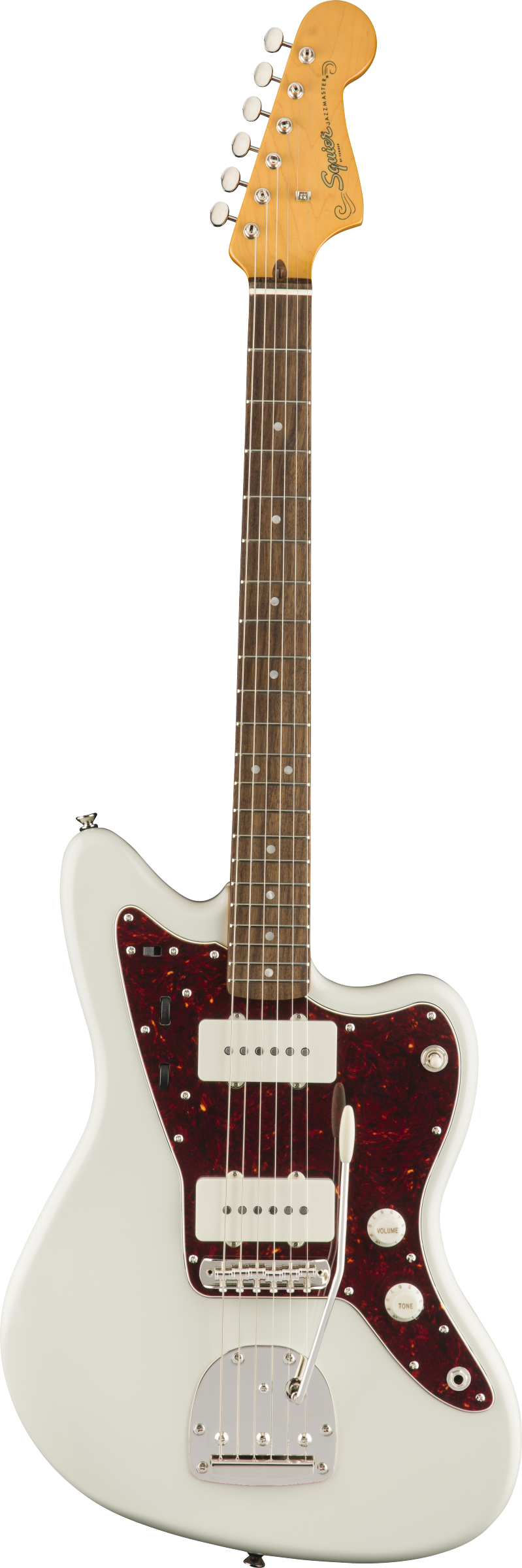 Full frontal of Squier Classic Vibe '60s Jazzmaster Laurel Fingerboard Olympic White.