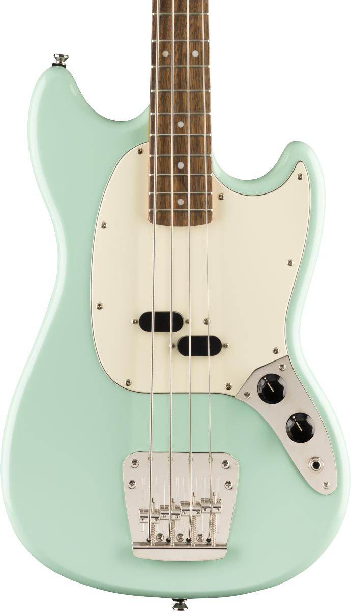 Front of Squier Classic Vibe '60s Mustang Bass Laurel Fingerboard Surf Green.