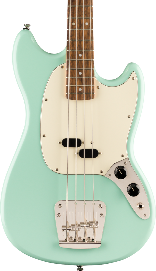 Front of Squier Classic Vibe '60s Mustang Bass Laurel Fingerboard Surf Green.