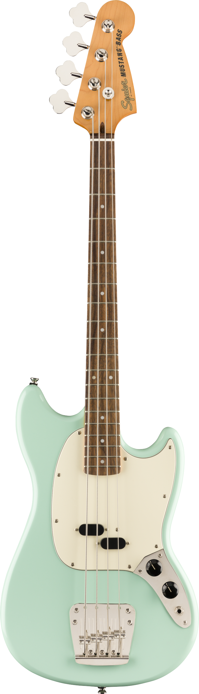 Full frontal of Squier Classic Vibe '60s Mustang Bass Laurel Fingerboard Surf Green.