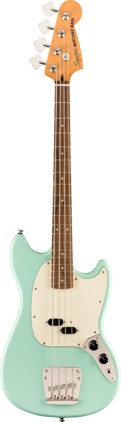 Full frontal of Squier Classic Vibe '60s Mustang Bass Laurel Fingerboard Surf Green.