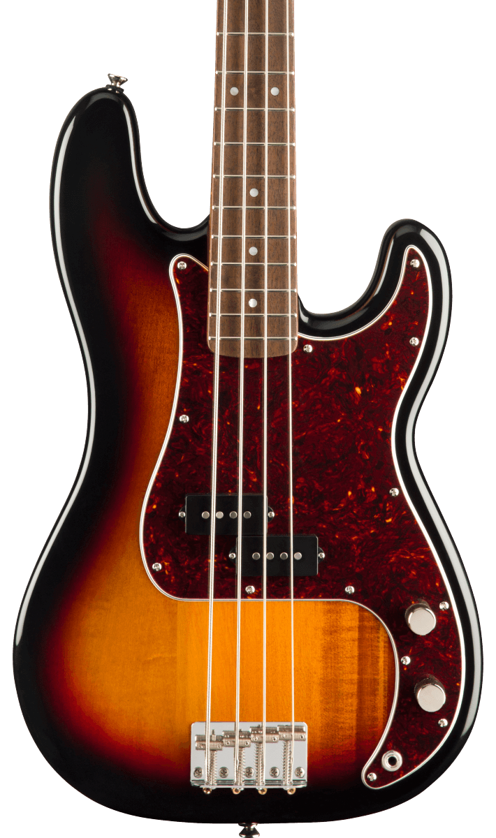 Front of Squier Classic Vibe 60s Precision Bass 3-Color Sunburst.