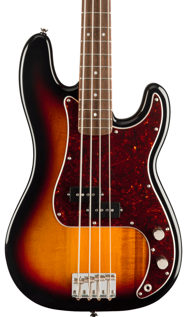 Front of Squier Classic Vibe 60s Precision Bass 3-Color Sunburst.