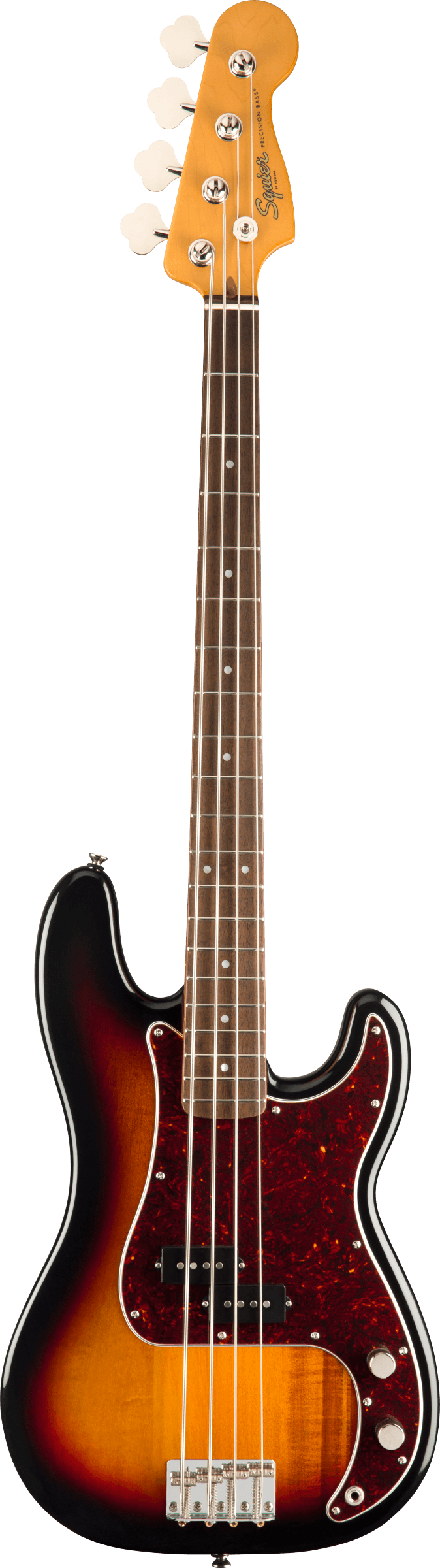 Full frontal of Squier Classic Vibe 60s Precision Bass 3-Color Sunburst.
