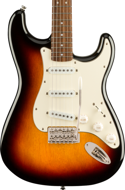Front of Squier Classic Vibe '60s Stratocaster Laurel Fingerboard 3-Color Sunburst.
