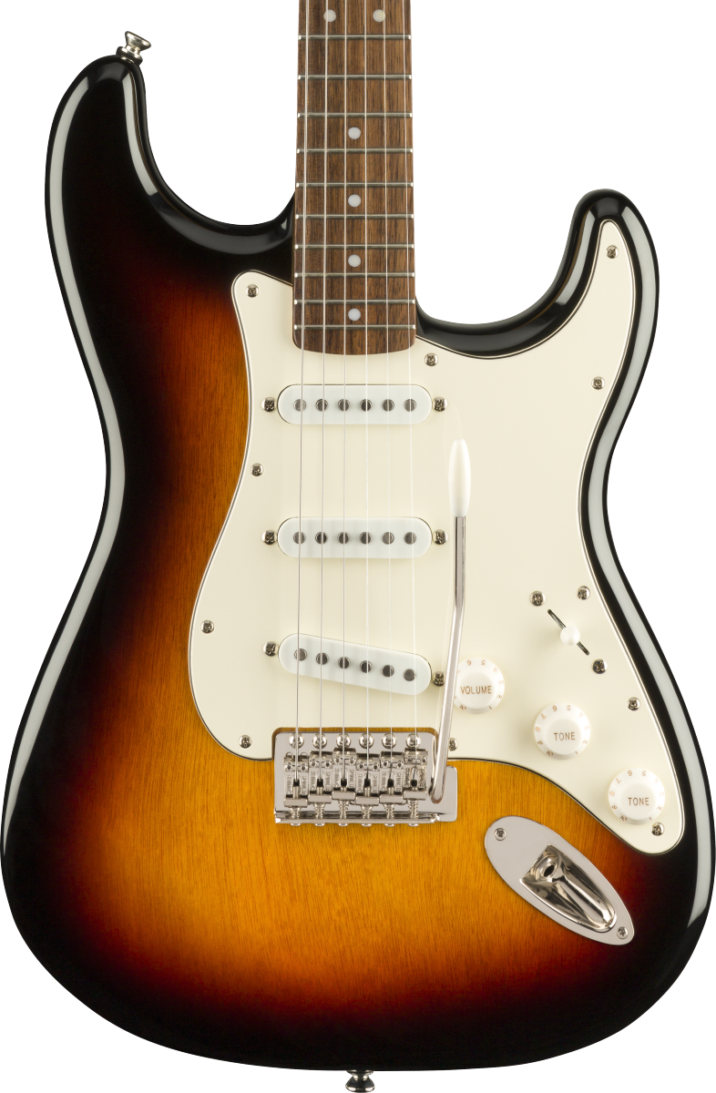 Front of Squier Classic Vibe '60s Stratocaster Laurel Fingerboard 3-Color Sunburst.