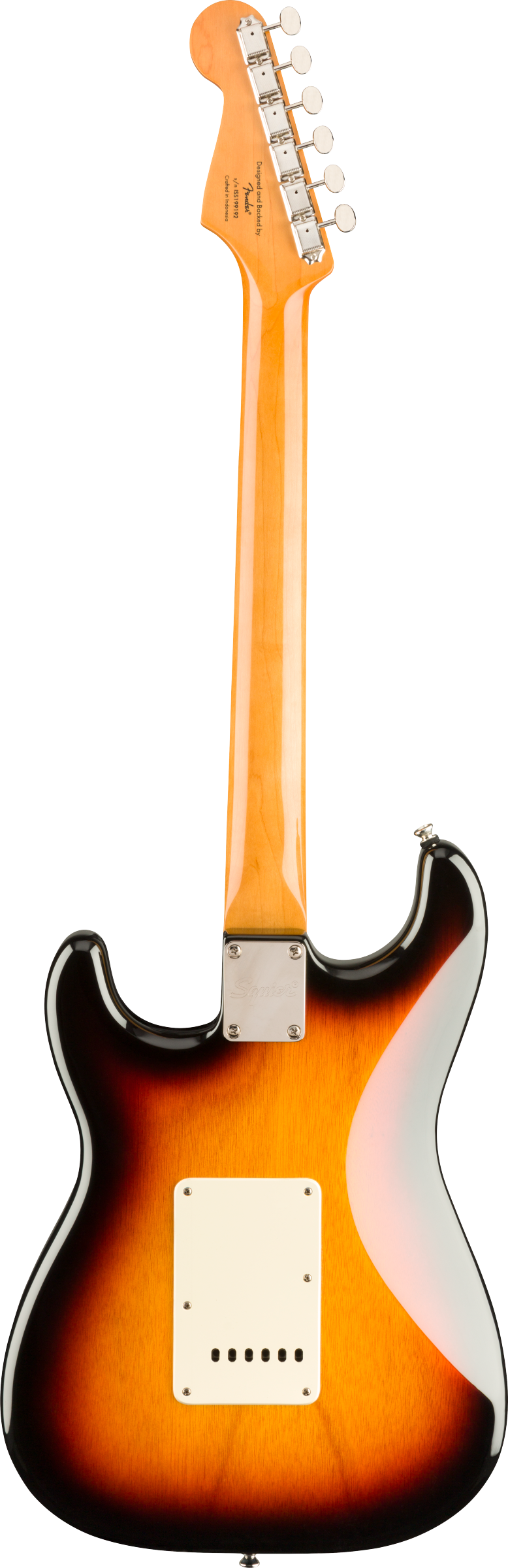 Back of Squier Classic Vibe '60s Stratocaster Laurel Fingerboard 3-Color Sunburst.