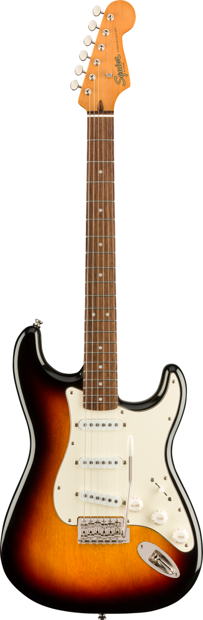 Full frontal of Squier Classic Vibe '60s Stratocaster Laurel Fingerboard 3-Color Sunburst.