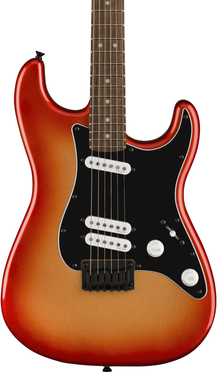 Front of Squier Contemporary Stratocaster Special HT Laurel Black Pickguard Sunset Metallic.