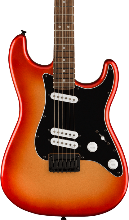 Front of Squier Contemporary Stratocaster Special HT Laurel Black Pickguard Sunset Metallic.