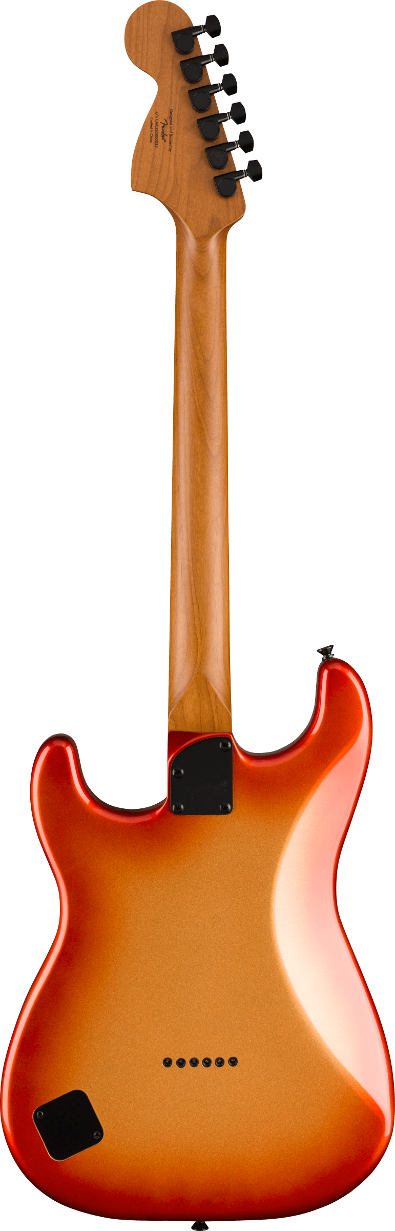 Back of Squier Contemporary Stratocaster Special HT Laurel Black Pickguard Sunset Metallic.