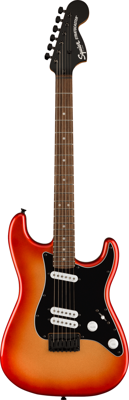 Full frontal of Squier Contemporary Stratocaster Special HT Laurel Black Pickguard Sunset Metallic.