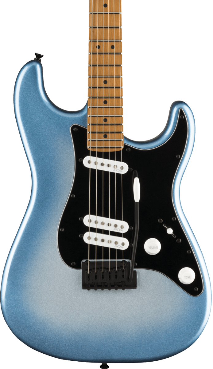 Front of Squier Contemporary Stratocaster Special Roasted Maple Black Pickguard Sky Burst Metallic.