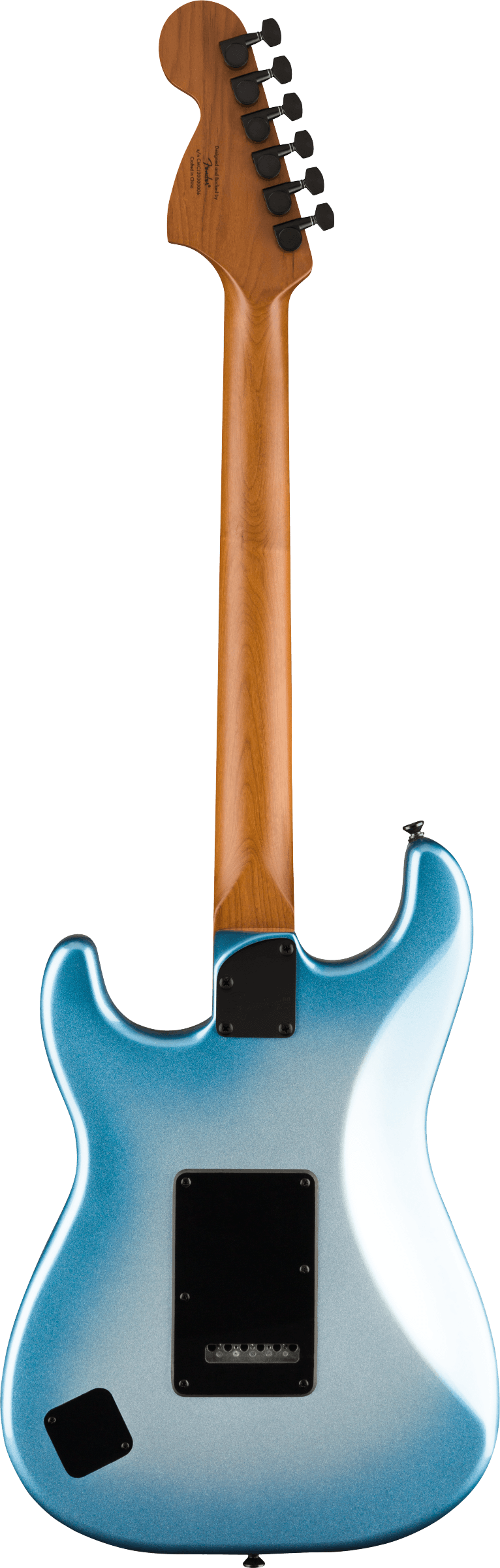 Back of Squier Contemporary Stratocaster Special Roasted Maple Black Pickguard Sky Burst Metallic.