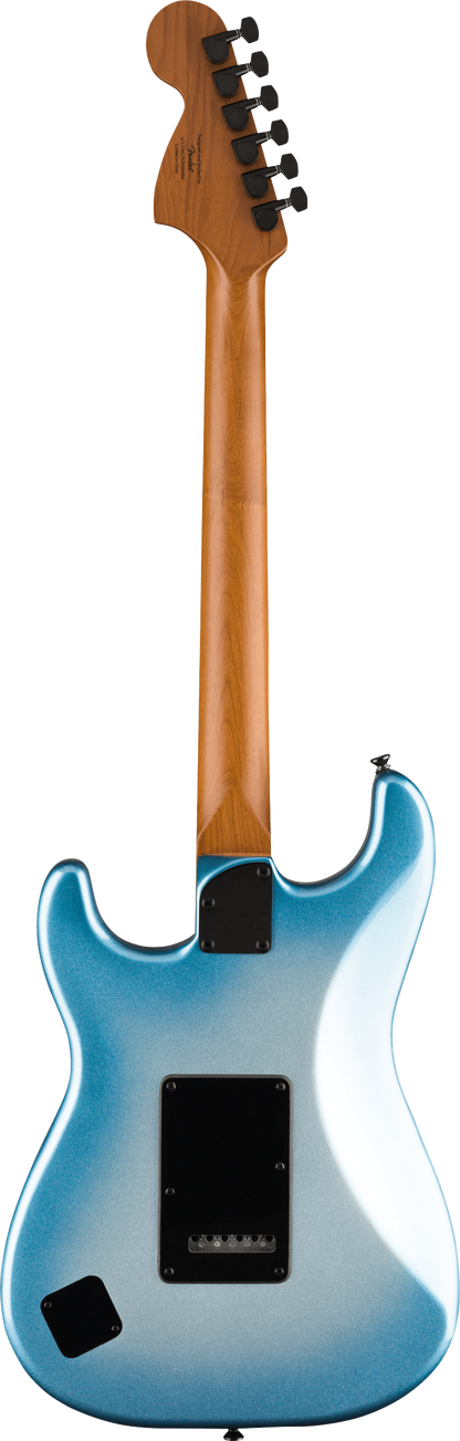 Back of Squier Contemporary Stratocaster Special Roasted Maple Black Pickguard Sky Burst Metallic.