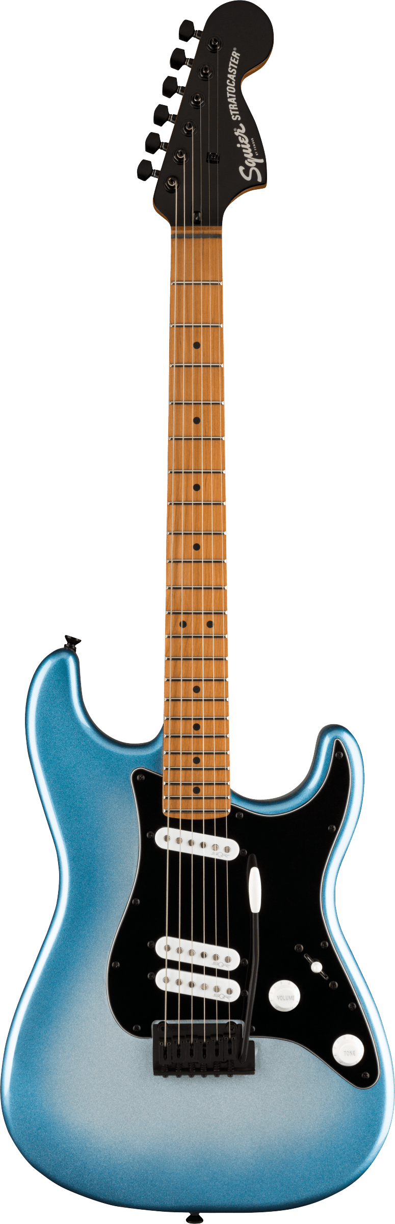 Full frontal of Squier Contemporary Stratocaster Special Roasted Maple Black Pickguard Sky Burst Metallic.