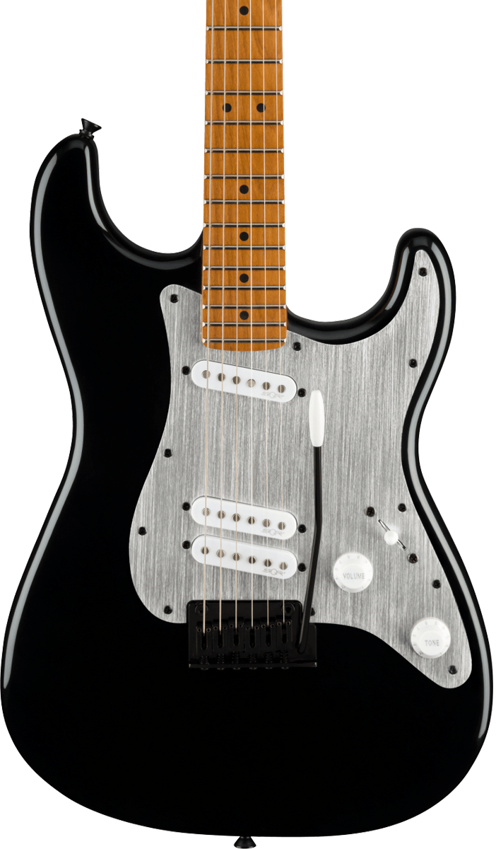 Front of Squier Contemporary Stratocaster Special Roasted Maple Silver Anodized Pickguard Black.