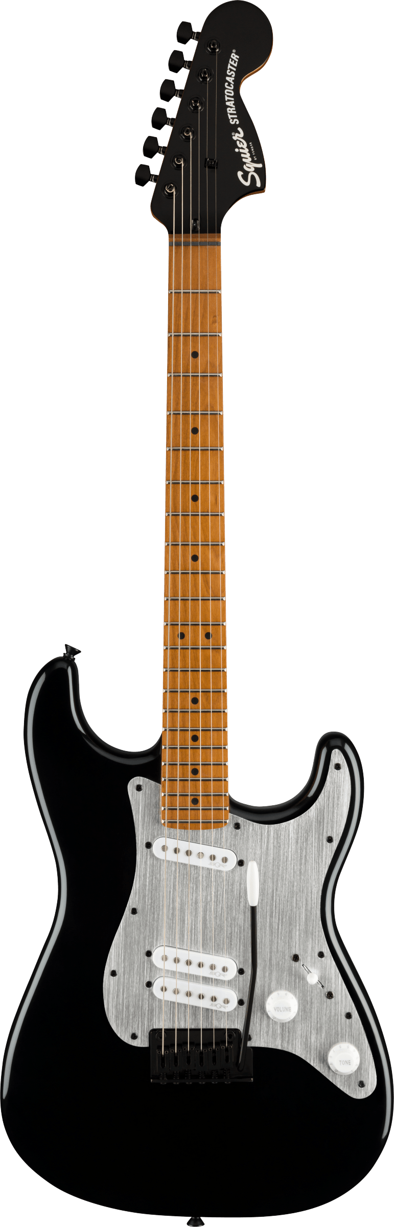 Full frontal of Squier Contemporary Stratocaster Special Roasted Maple Silver Anodized Pickguard Black.
