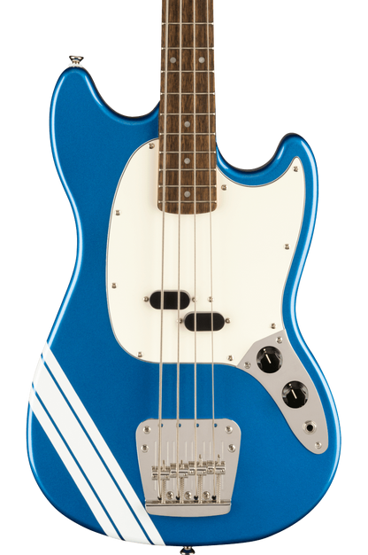 Squier FSR Classic Vibe '60s Competition Mustang Bass Parchment Pickguard Lake Placid Blue w/Olympic White Stripes