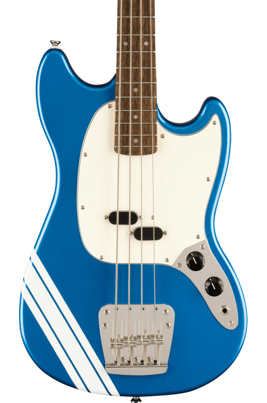 Squier FSR Classic Vibe 60s Competition Mustang Bass Parchment Pickguard Lake Placid Blue w/Olympic White Stripes
