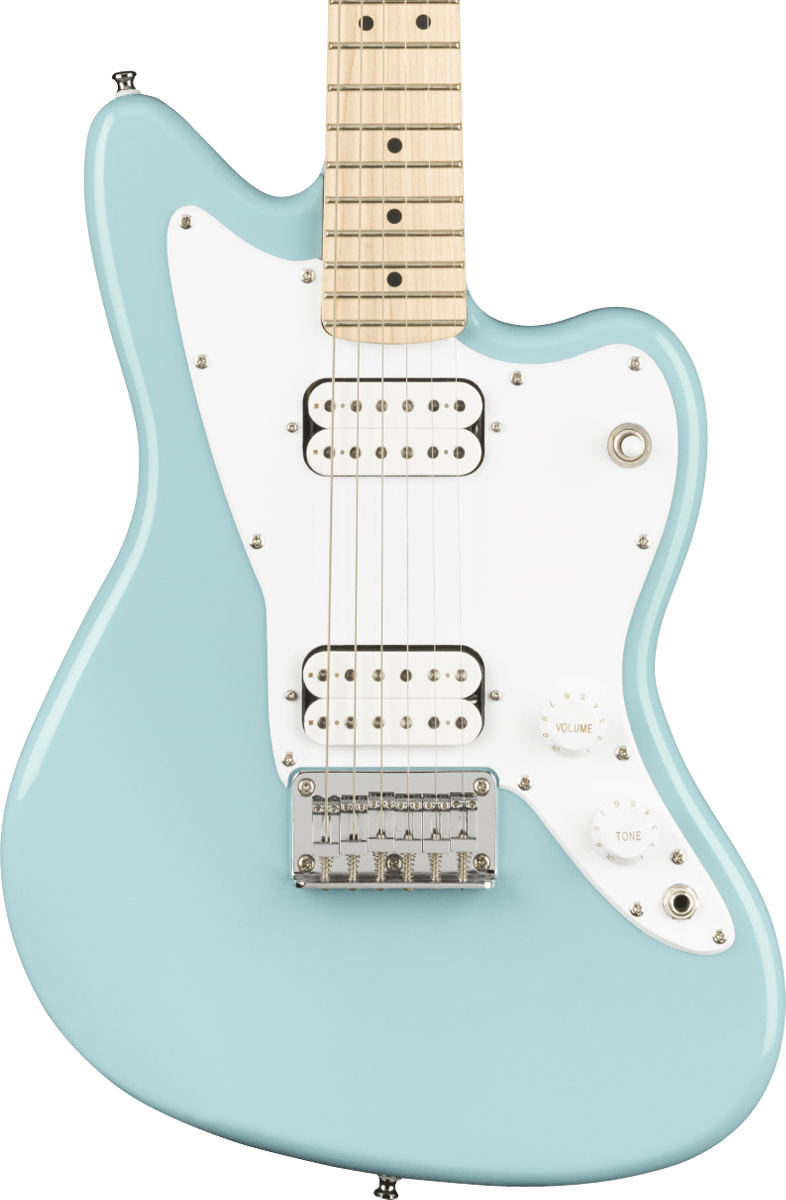 Front of Squier Mini Jazzmaster HH MP Daphne Blue.