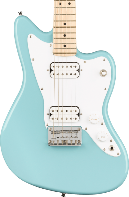 Front of Squier Mini Jazzmaster HH MP Daphne Blue.