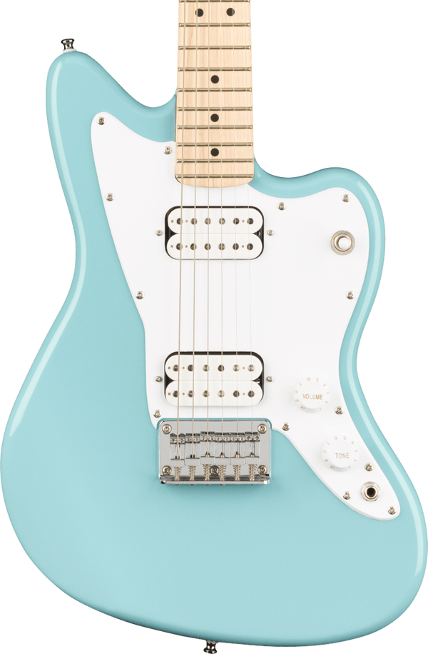 Front of Squier Mini Jazzmaster HH MP Daphne Blue.