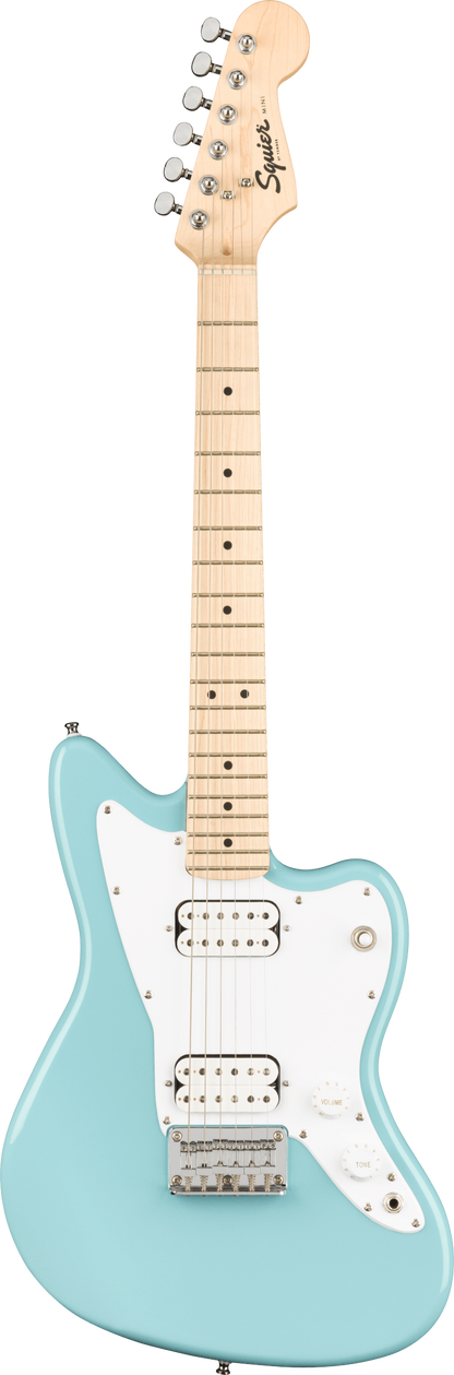 Full frontal of Squier Mini Jazzmaster HH MP Daphne Blue.