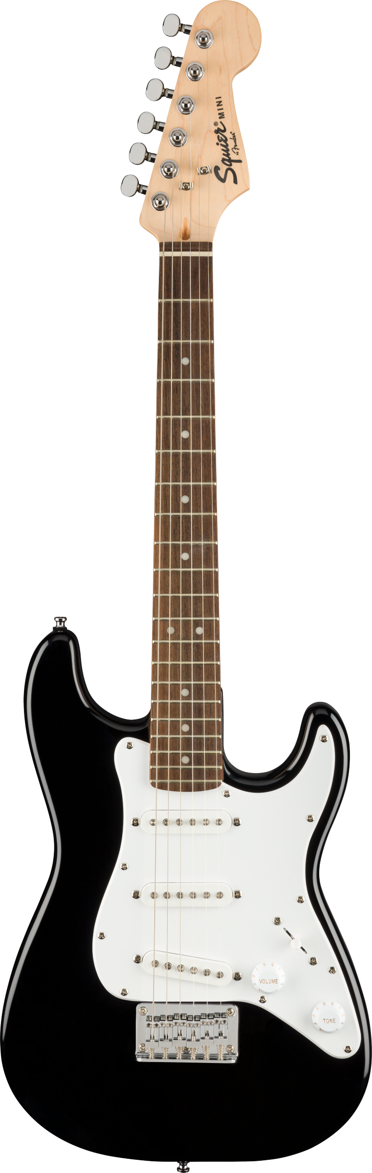 Full frontal of Squier Mini Stratocaster Laurel Fingerboard Black.