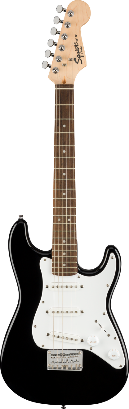 Full frontal of Squier Mini Stratocaster Laurel Fingerboard Black.