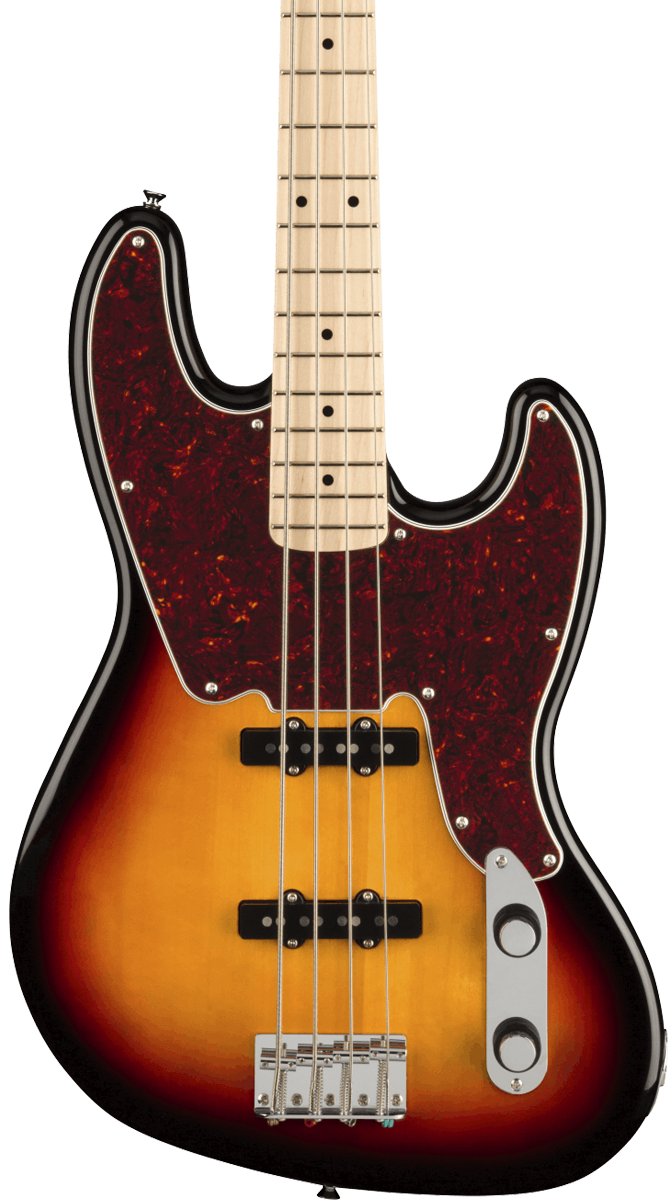 Front of Squier Paranormal Jazz Bass '54 Maple Fingerboard 3 Color Suburst.