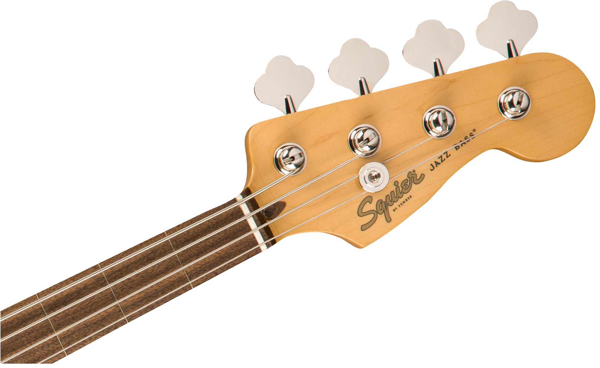 Close up angle of Squier Classic Vibe ‘70s Jazz Bass MP 3-Color Sunburst headstock.