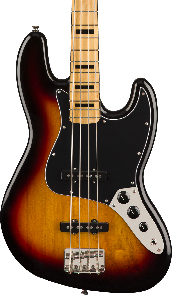 Front of Squier Classic Vibe ‘70s Jazz Bass MP 3-Color Sunburst.