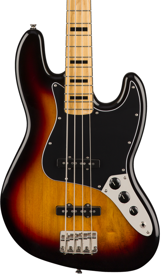 Front of Squier Classic Vibe ‘70s Jazz Bass MP 3-Color Sunburst.